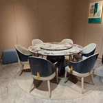 High-Gloss Lacquered Wood Veneer Round Dining Table with Rotating Tray and Fluted Pedesta